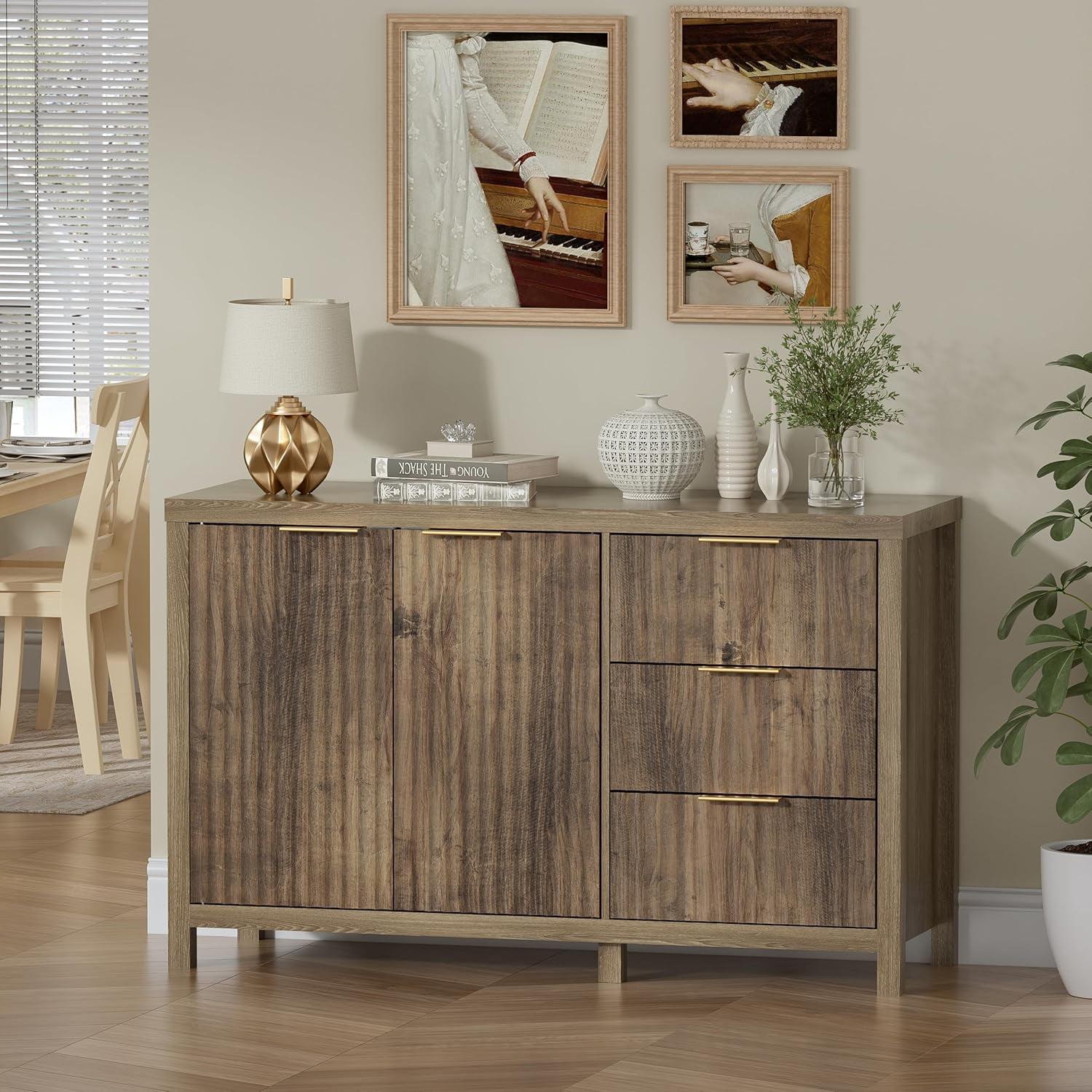47" Brown MDF Wood Sideboard Buffet Cabinet with Grooved Doors and Drawers