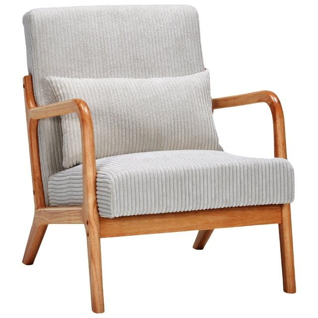 PAPROOS Mid-Century Modern Accent Chair, Velvet Fabric Arm Chair with Wood Frame and Pillow, Upholstered Armchair Comfort Reading Chair Lounge Chair for Living Room Bedroom Sunroom, Beige