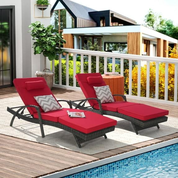 PAPROOS Outdoor Chaise Lounge Chair Set of 2, Rattan Patio Chaise Lounge Chair with Cushion and Arms, Modern 5-Positions Adjustable Outdoor Lounger Recliner for Poolside, Garden, Backyard, Red