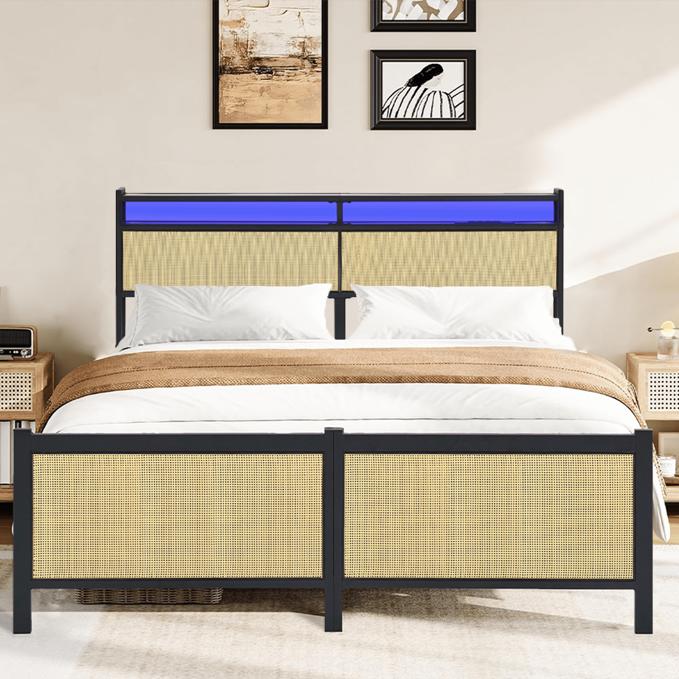 PAPROOS Queen Bed Frame with Charging Station and LED Light, Metal Platform Bed with Under Bed Storage, No Box Spring Needed, Easy Assembly, Black