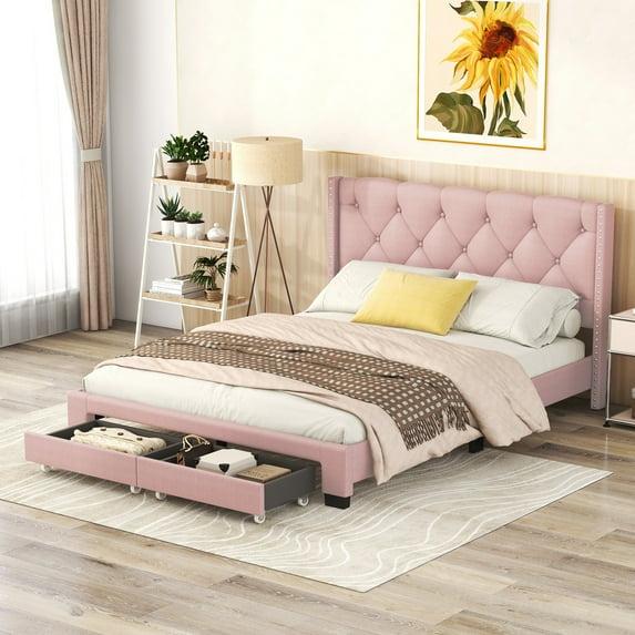 PAPROOS Upholstered Platform Bed with Storage, Queen Size Linen Upholstered Bed Frame with Button Tufted Headboard and 2 Drawers, Queen Bed Frame for Teens Adults, No Box Spring Needed, Pink