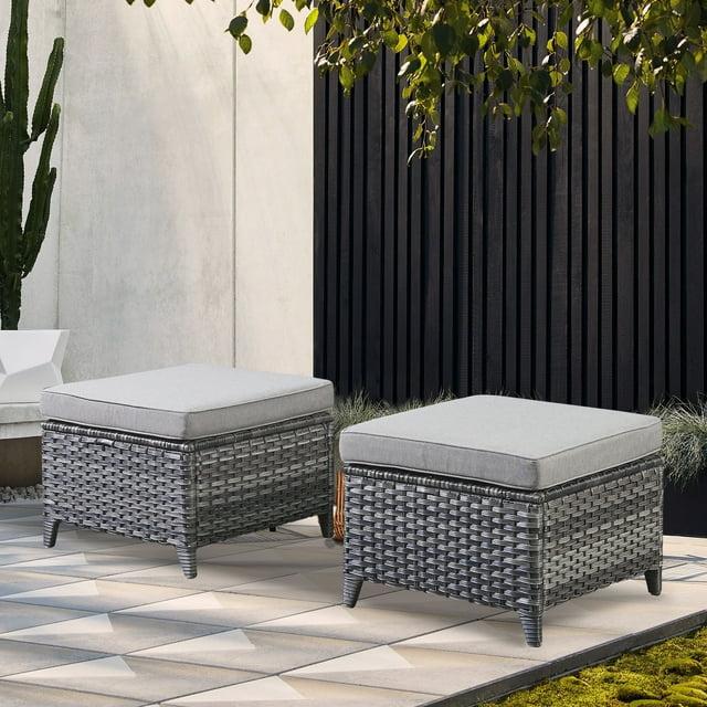 PARKWELL 2PCS Outdoor Wicker Ottoman Patio Rattan Furniture Metal Footrest Seat Square Footstool Patio Furniture w/ Gray Cushion