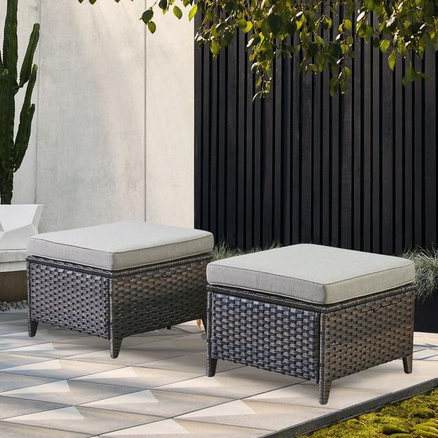 PARKWELL 2PCS Outdoor Wicker Ottoman Patio Rattan Furniture Metal Footrest Seat Square Footstool Patio Furniture w/ Gray Cushion