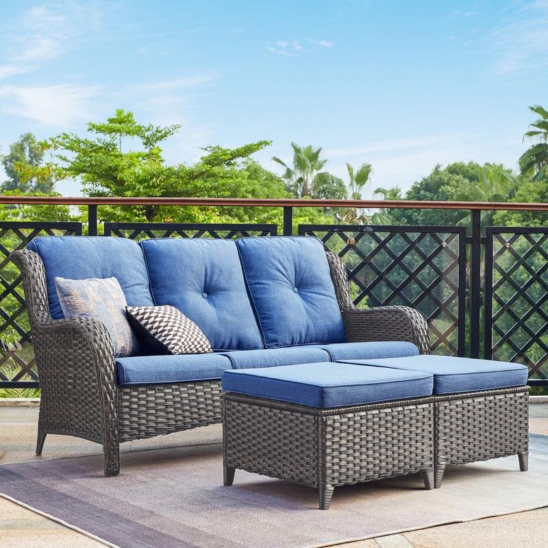 Carolina Brown Steel Wicker Outdoor Ottoman with Blue Cushions