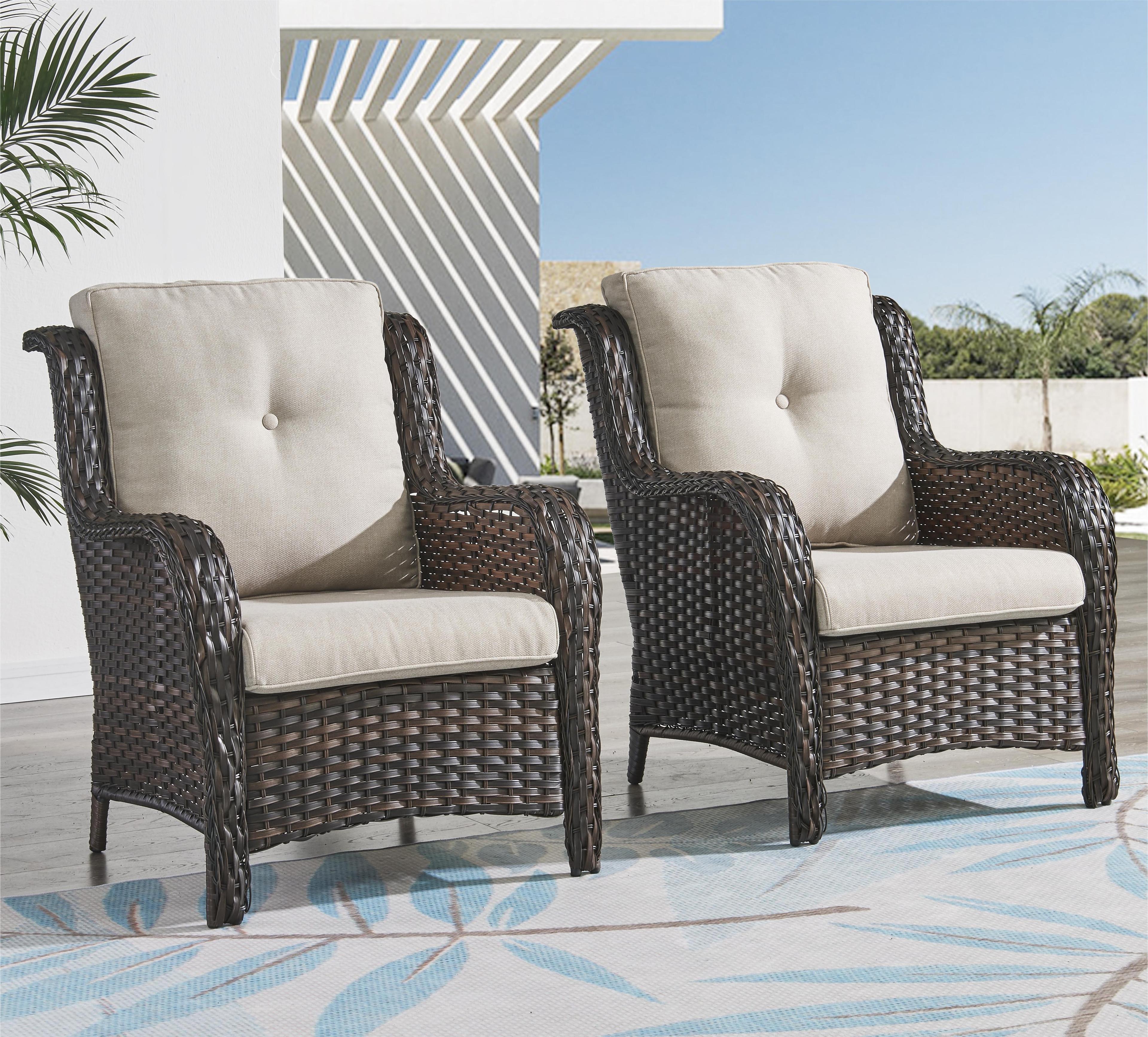 Brown Wicker Lounge Chair with Beige Cushions, Set of 2