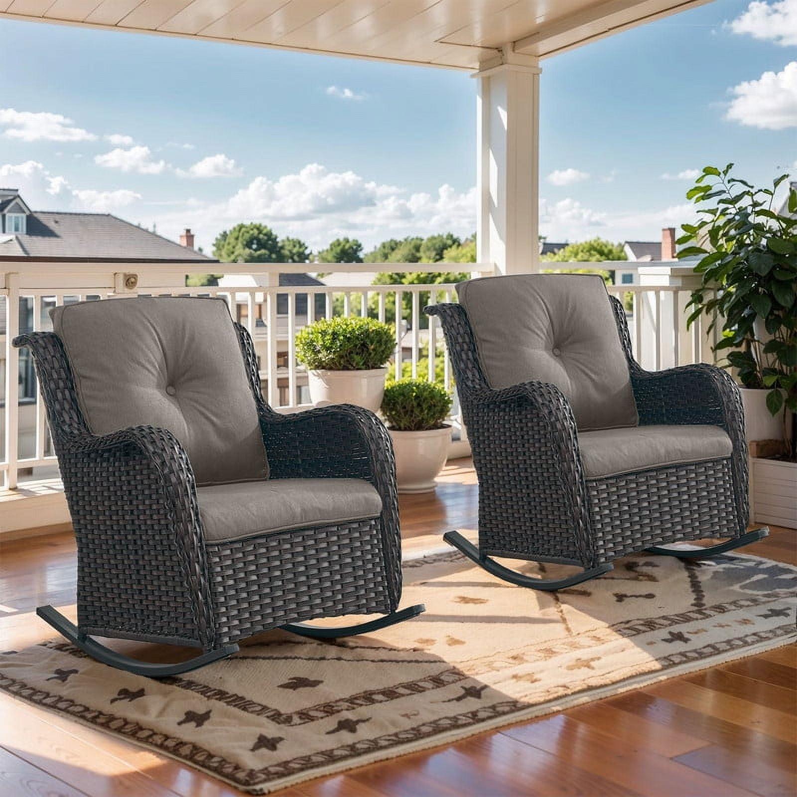 PARKWELL Outdoor Wicker Rocking Chair - Rattan Patio Rocker Chairs with Cushions and Steel Frame - Set of 2 - Gray