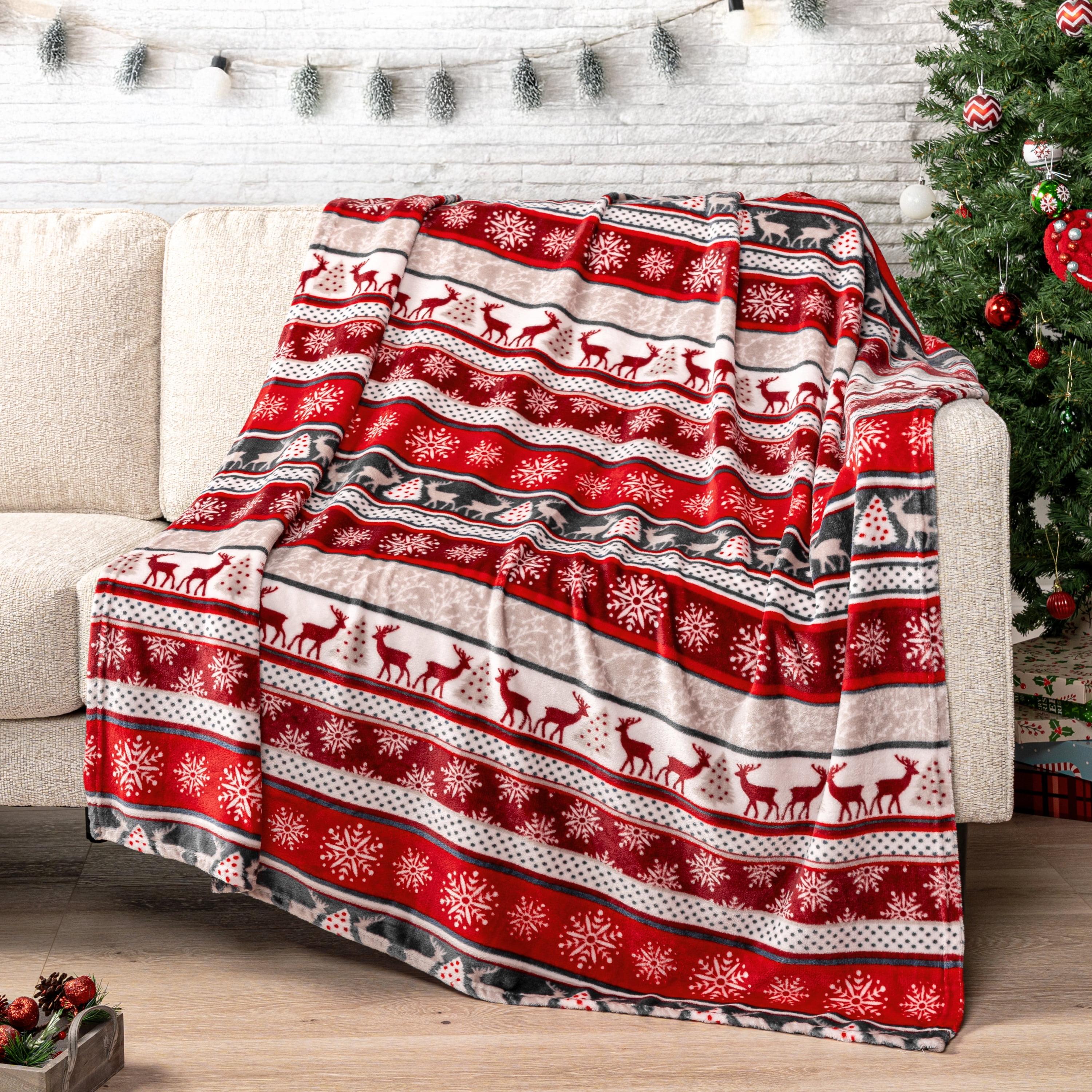 Holiday Reindeer Red and White Fleece Throw Blanket