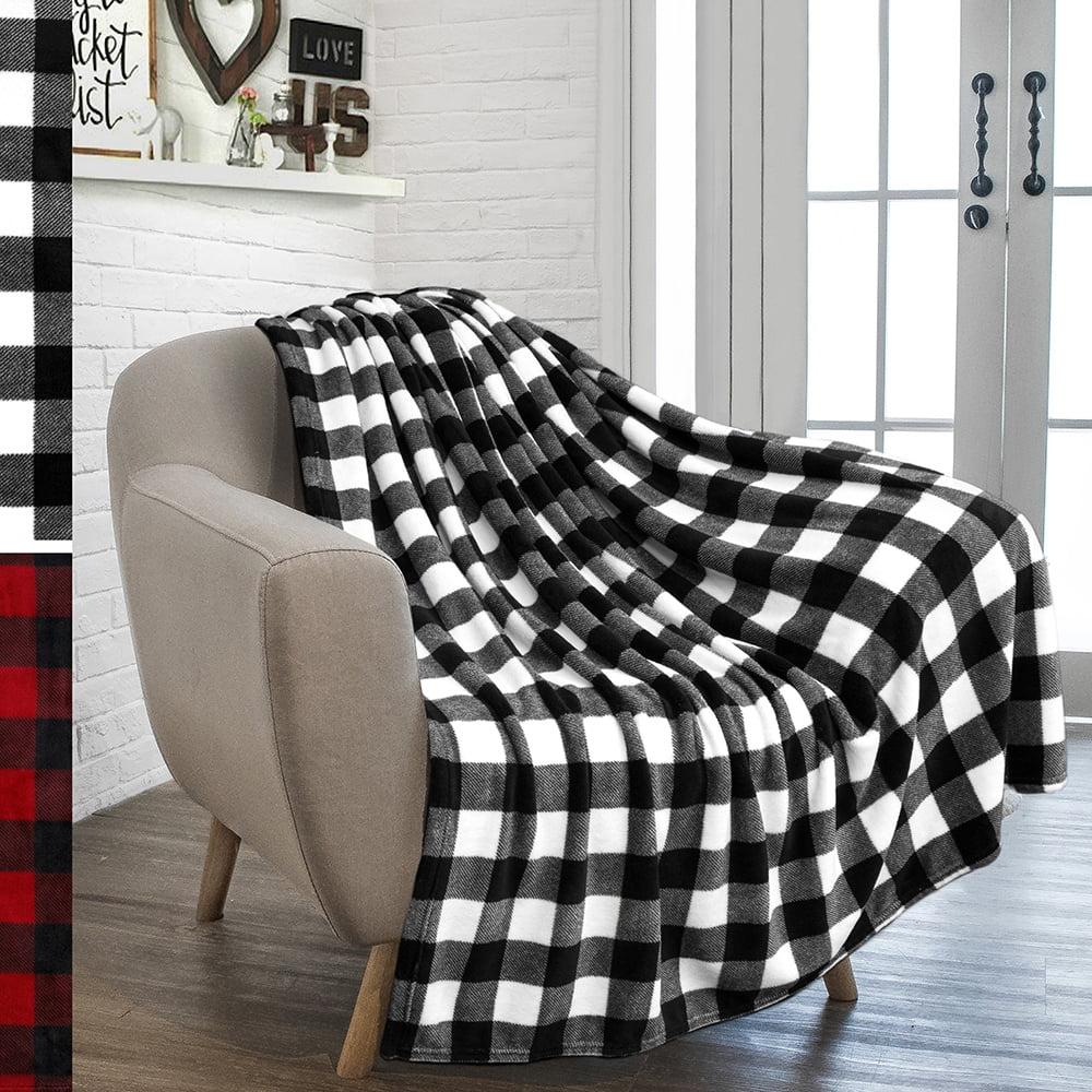 PAVILIA Premium Fleece Throw Blanket for Sofa Couch, Soft Flannel Plaid Stripe Decorative Print Blanket, Plaid White/Black/Throw - 50x60