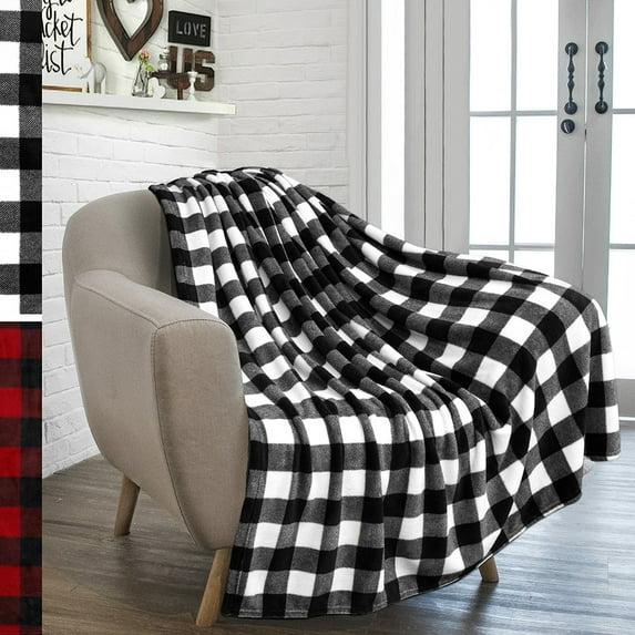 PAVILIA Premium Fleece Throw Blanket for Sofa Couch, Soft Flannel Plaid Stripe Decorative Print Blanket, Plaid White/Black/Throw - 50x60