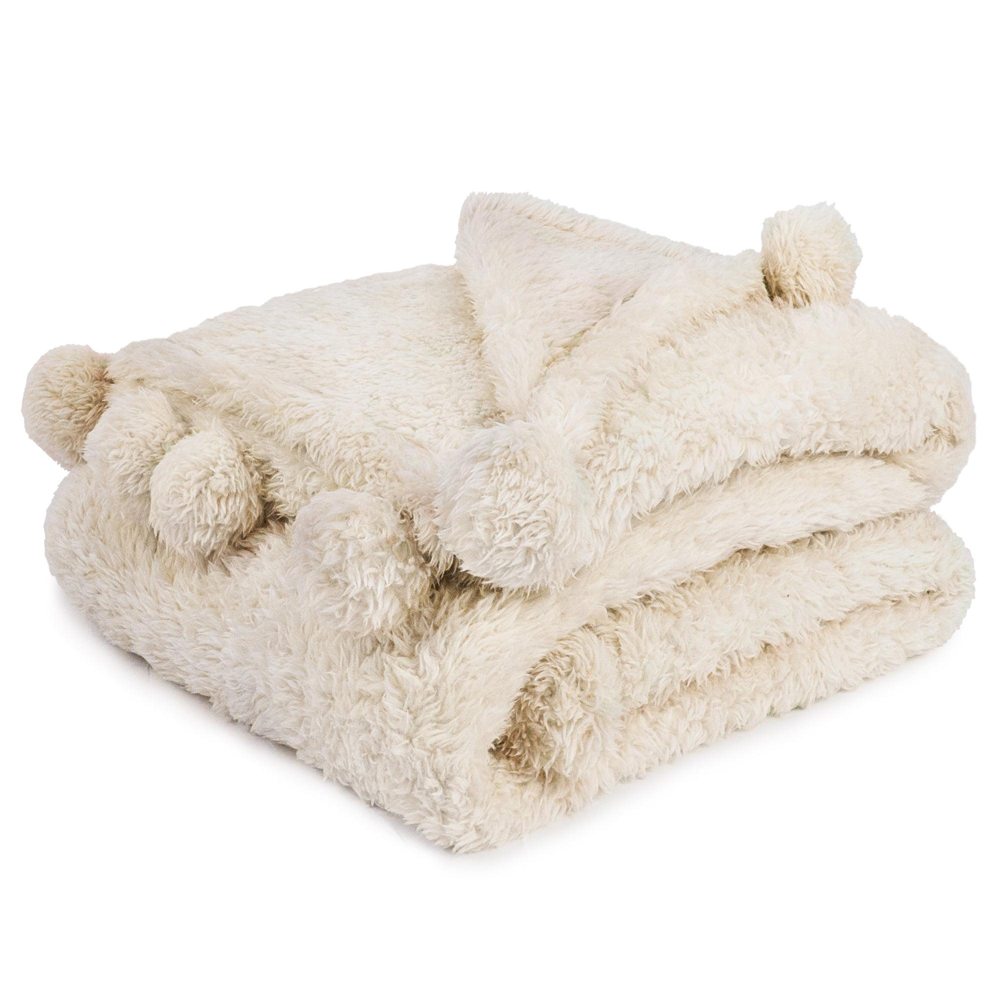 Ivory Cream Sherpa Fleece Throw Blanket with Pom Poms