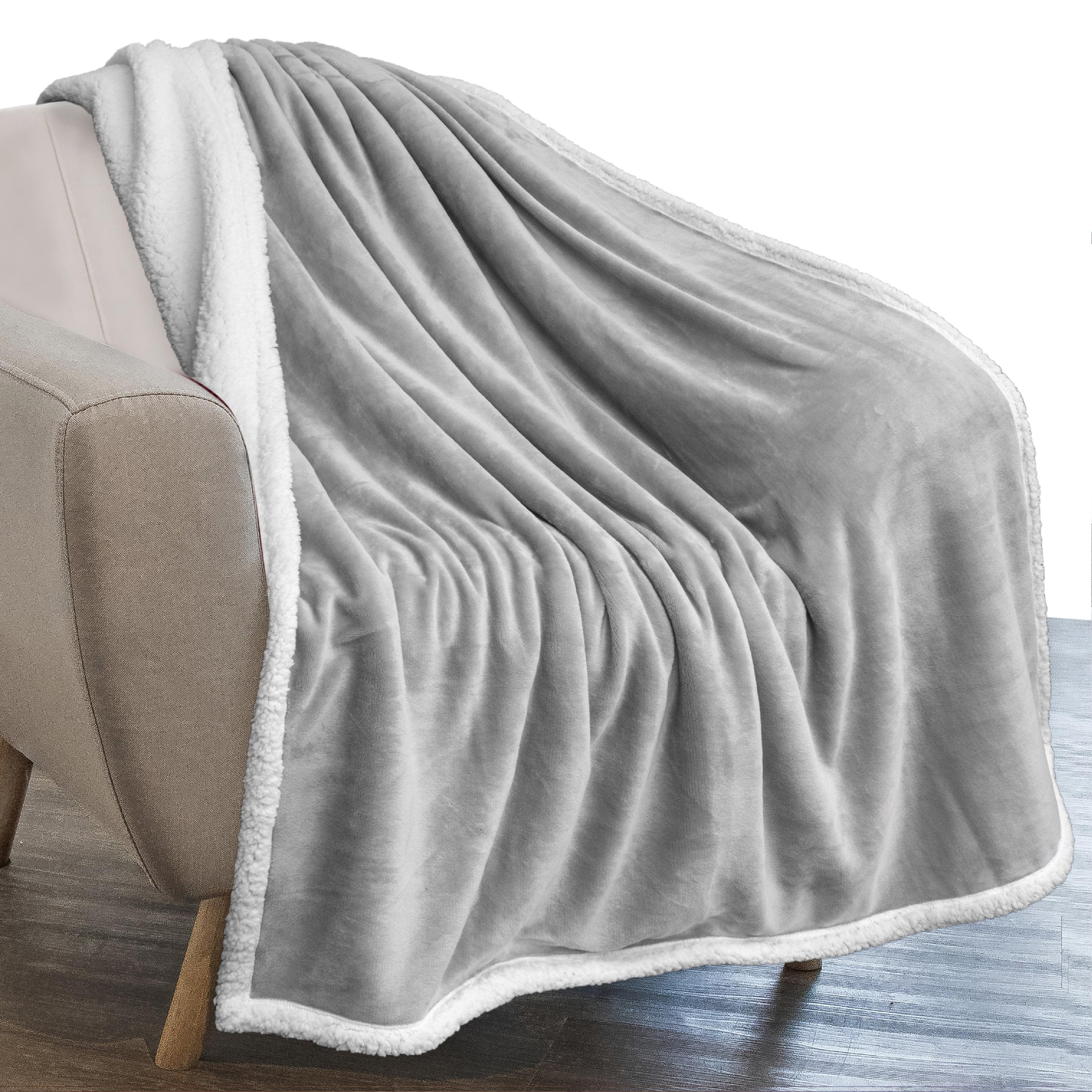 PAVILIA Premium Faux Shearling Fleece Throw Blanket for Bed, Reversible Warm Blanket for Couch Sofa, Light Gray/Throw - 50x60