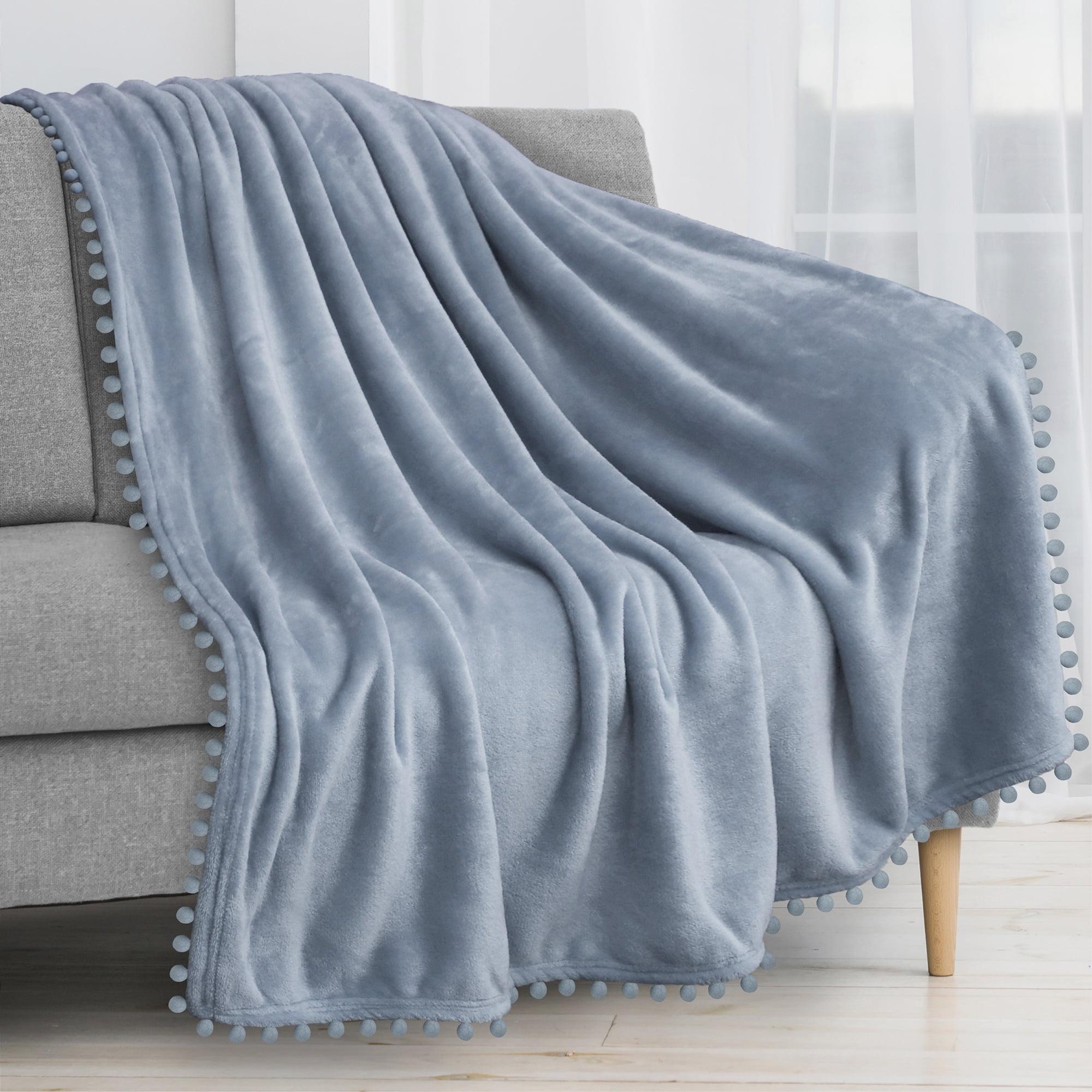 Cozy Dusty Blue Fleece Twin Throw with Pom Pom Fringe