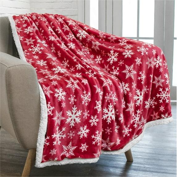 PAVILIA Soft Fleece Blanket Throw for Couch, Lightweight Plush Warm Blankets for Bed Sofa with Jacquard Pattern, Snowflake Red/Throw - 50x60