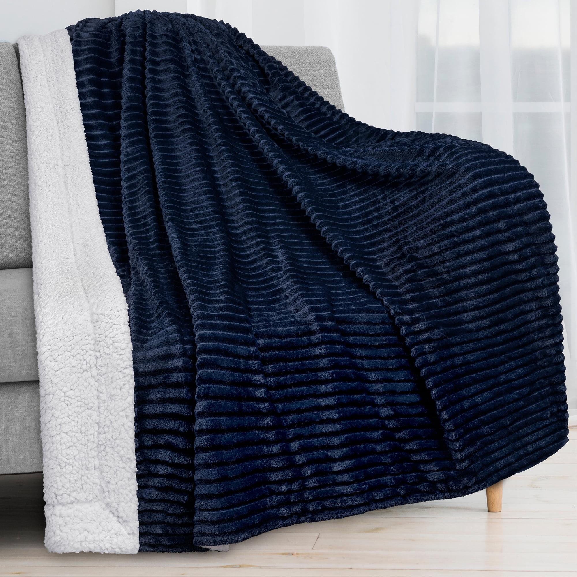 Navy Blue Reversible Sherpa Fleece Throw Blanket