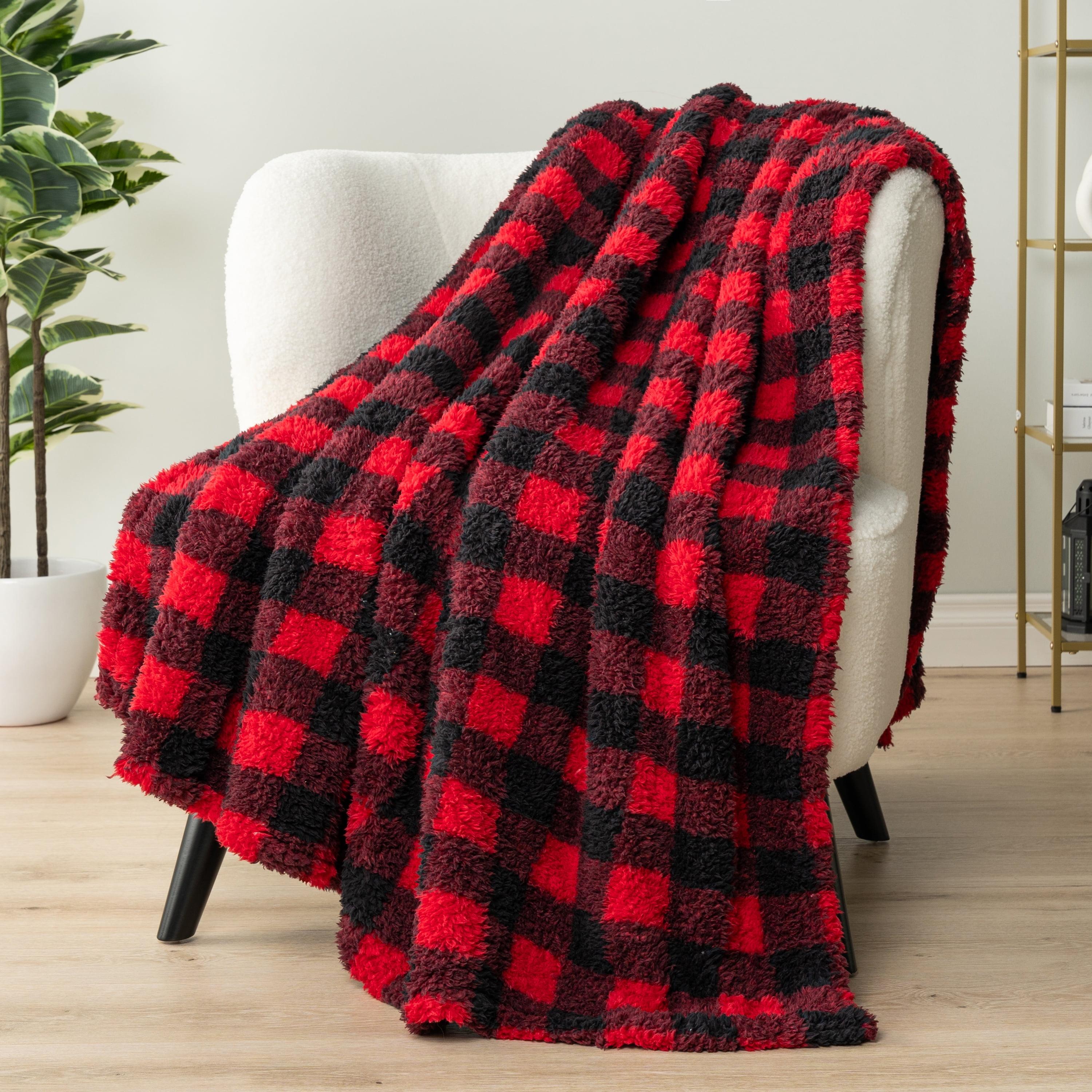 PAVILIA Plush Throw Blanket for Couch Bed, Faux Shearling Blanket and Throw for Sofa Home Decor, Checkered Red/Black/Throw - 50x60