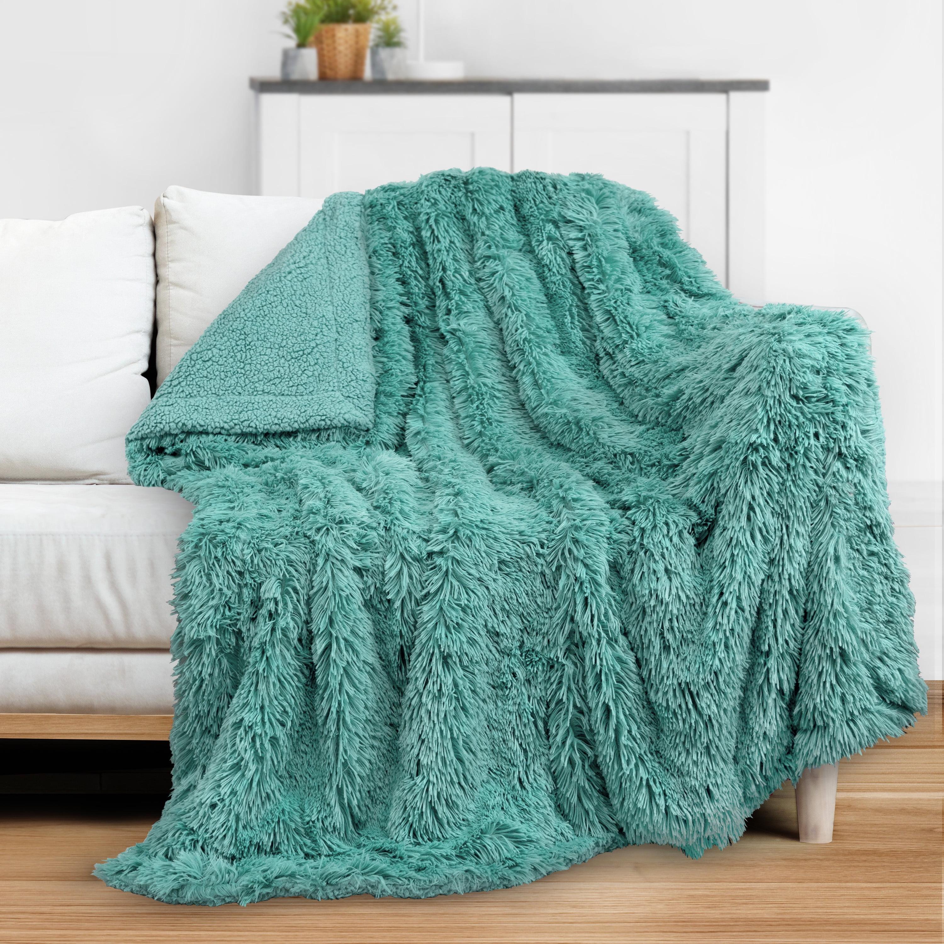 PAVILIA Fluffy Faux Fur Reversible Throw Blanket for Bed, Sofa, and Couch