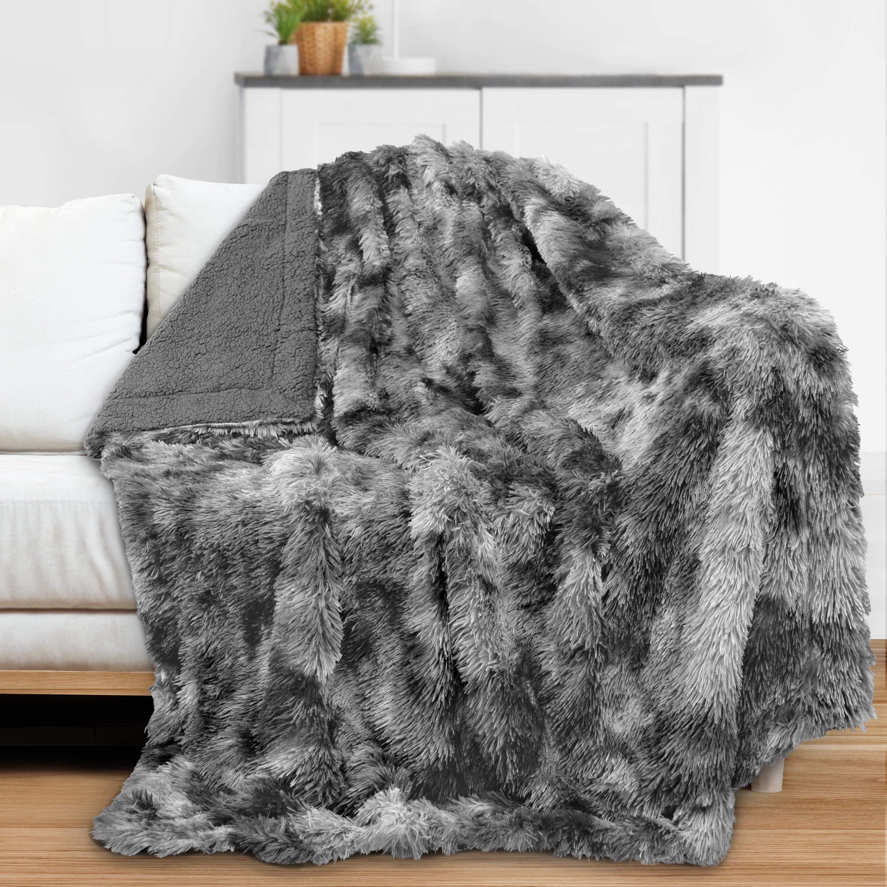 PAVILIA Fluffy Faux Fur Reversible Throw Blanket for Bed, Sofa, and Couch