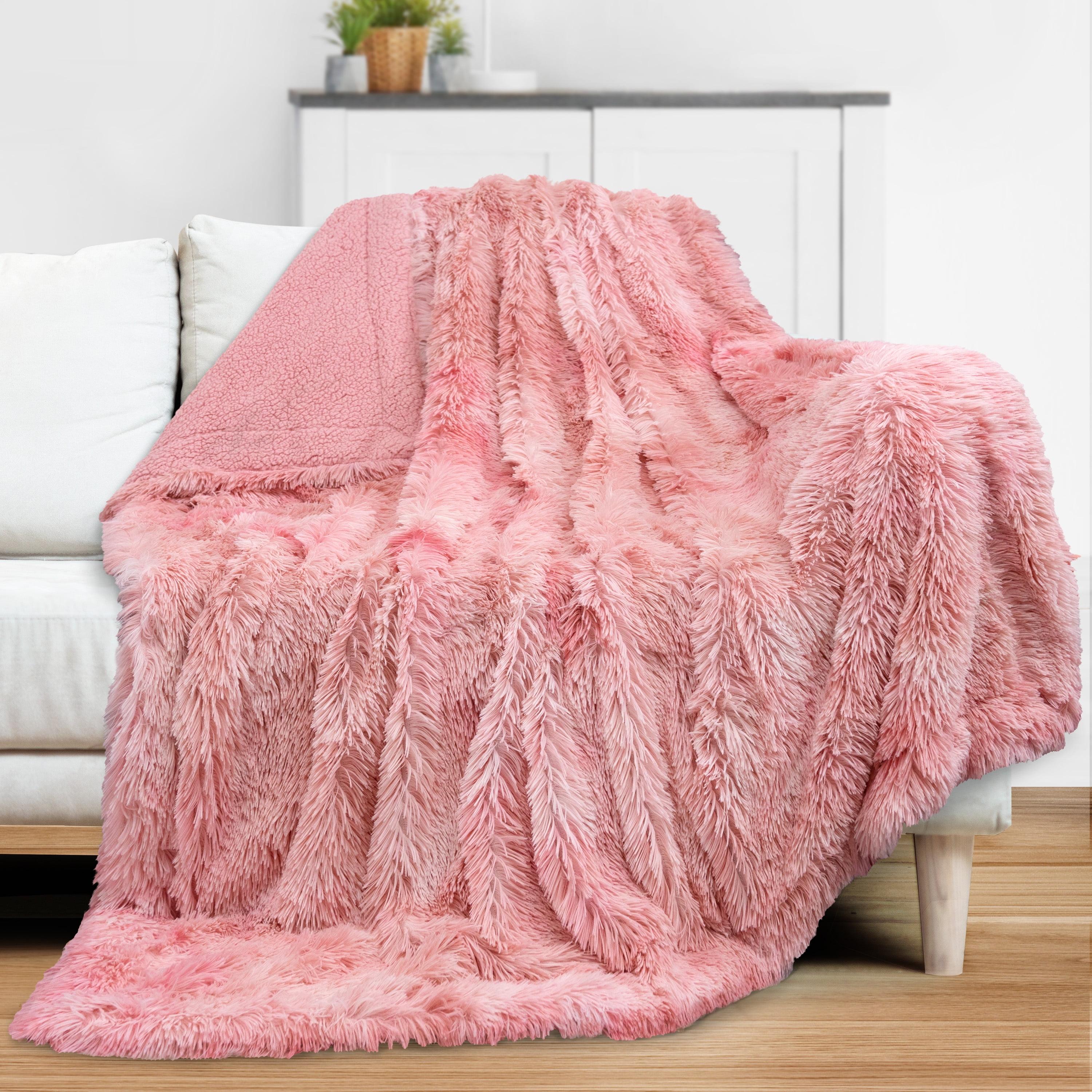 PAVILIA Fluffy Faux Fur Reversible Throw Blanket for Bed, Sofa, and Couch