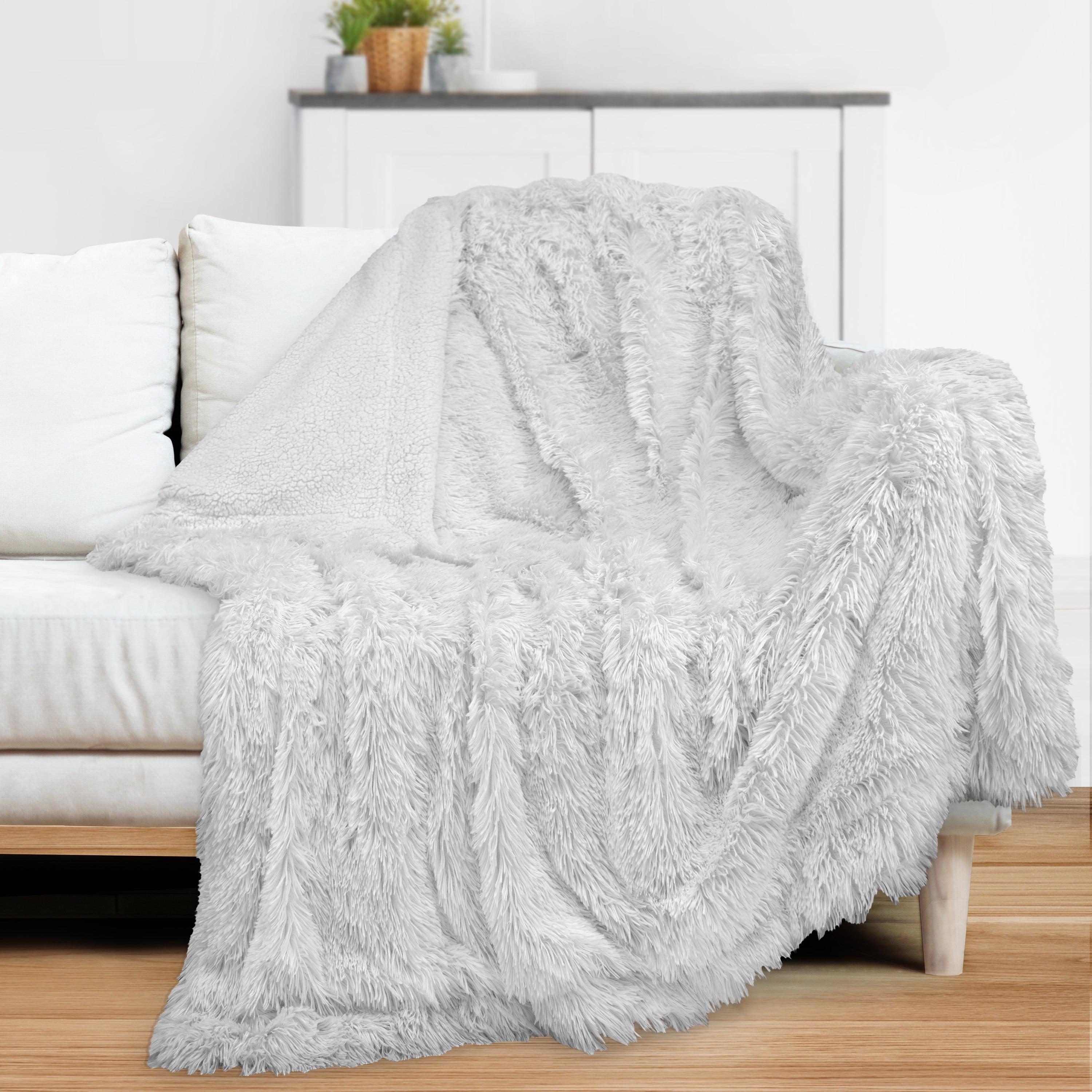 PAVILIA Fluffy Faux Fur Reversible Throw Blanket for Bed, Sofa, and Couch