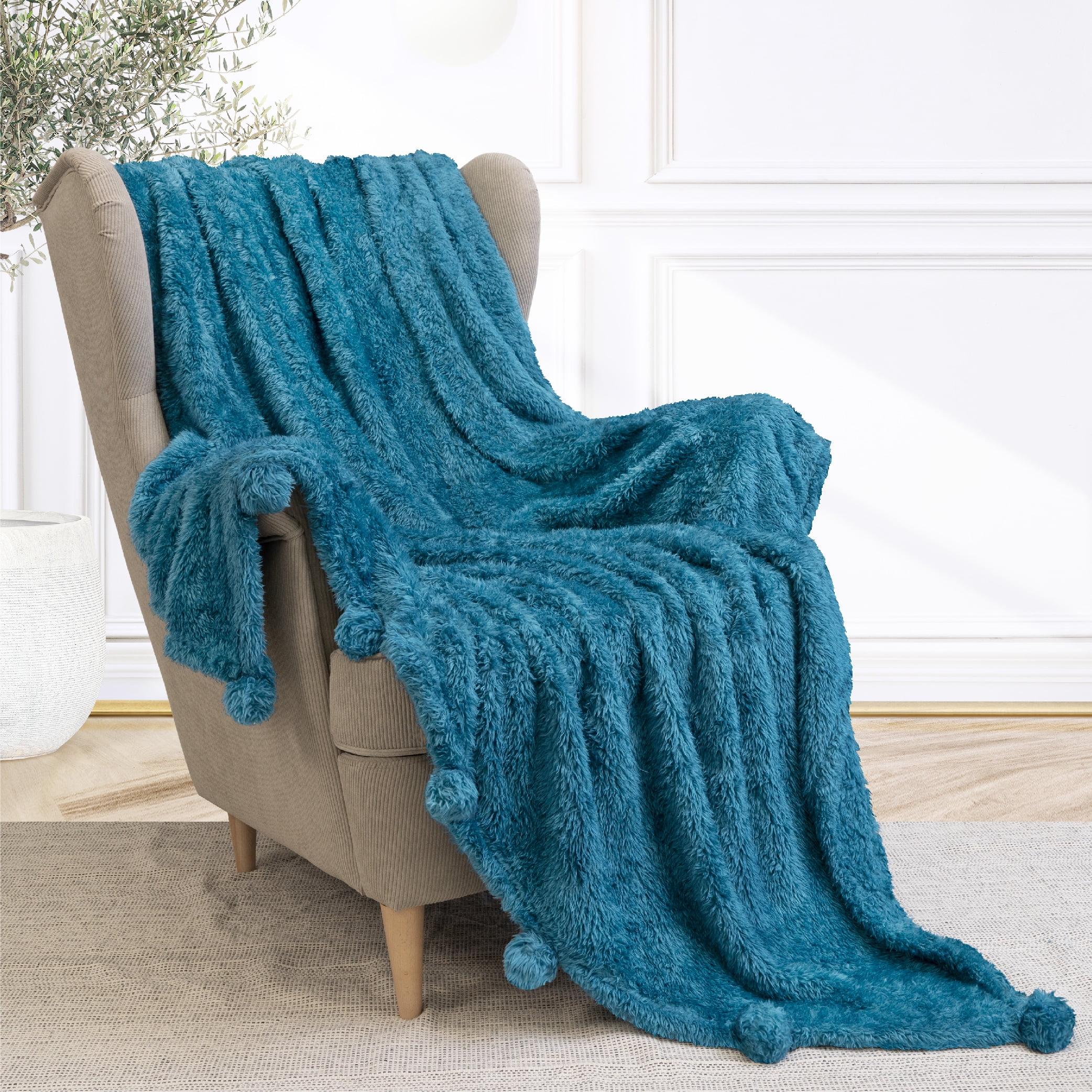 PAVILIA Fluffy Throw Blanket with Pompom, Lightweight Soft Plush Cozy Warm Pom Pom Fringe for Couch Sofa Bed