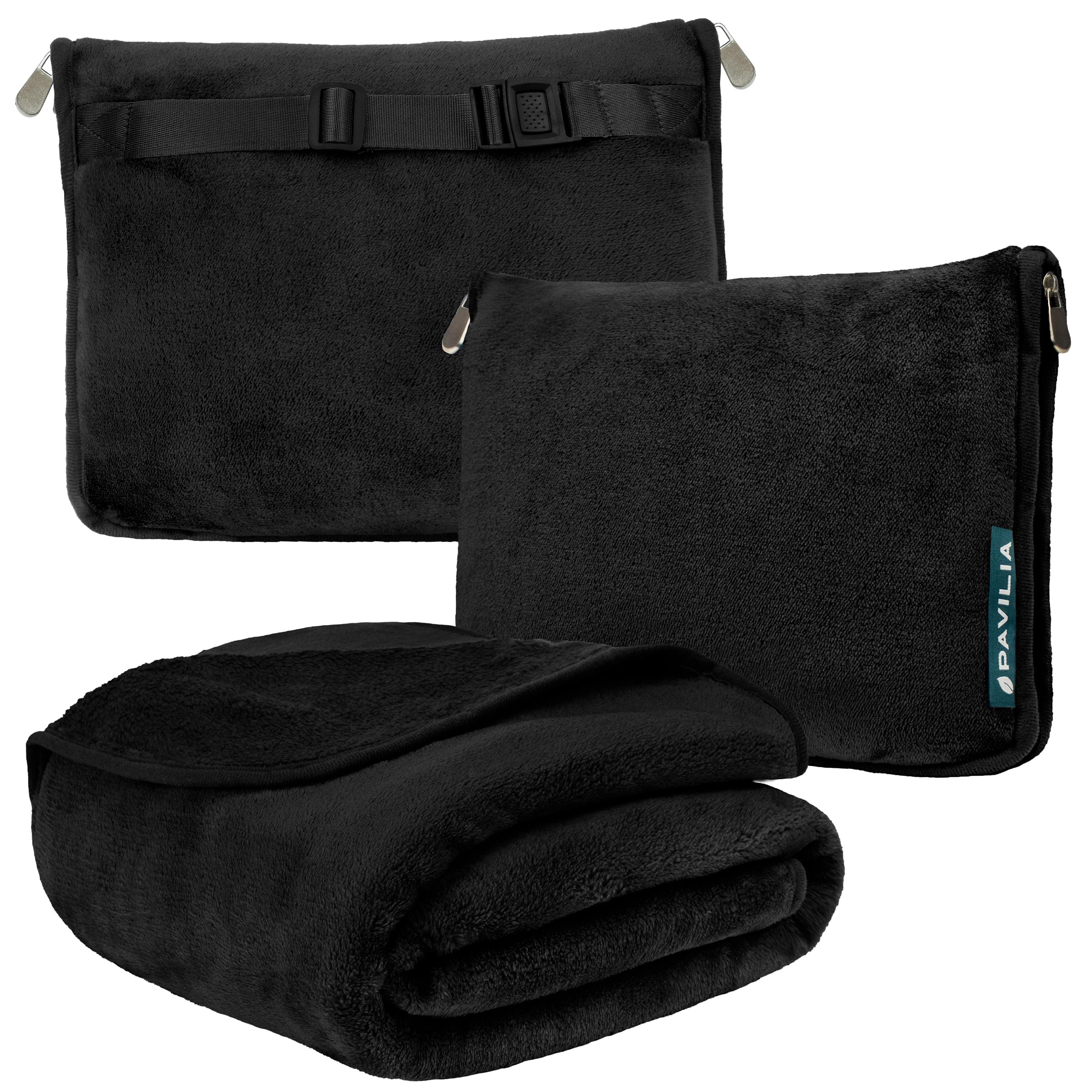 PAVILIA Travel Blanket and Pillow, Warm Soft Fleece 2-IN-1 Combo Large Compact Set for Airplane Camping Car Trips (Black, 60 x 43 inches)