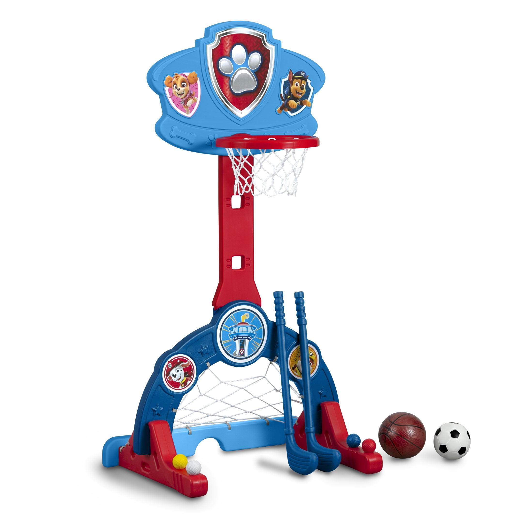 Delta Children - PAW Patrol 4-In-1 Sports Center – Adjustable Easy Score Basketball Hoop, Soccer/Hockey Net And Golf Game – Set Includes: 1 Basketball, 1 Soccer Ball, 2 Golf/Hockey Clubs, 4 Golf/Hockey Balls, Blue