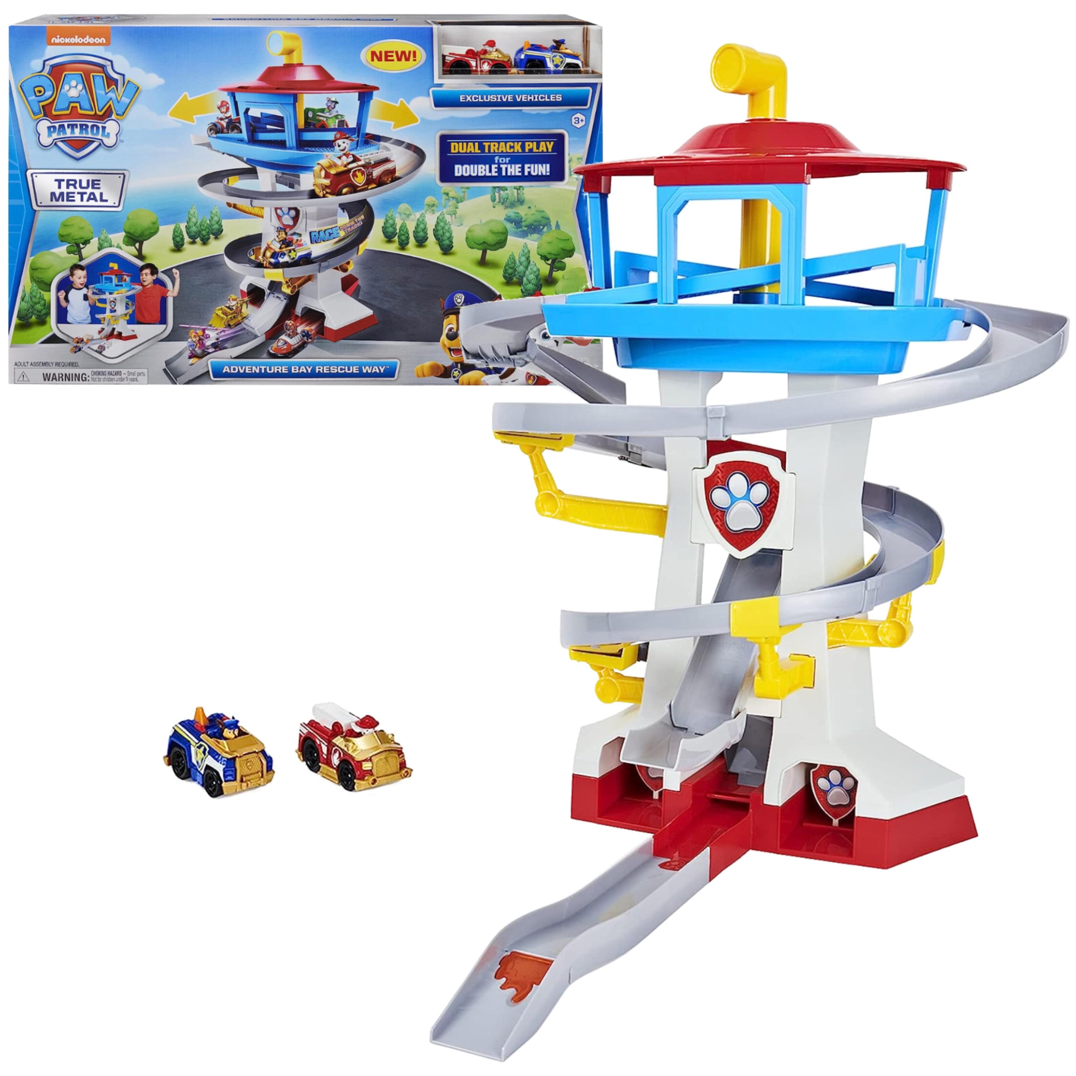 Paw Patrol Adventure Bay Lookout Tower Playset W 2 Die-Cast 1:55 Vehicles (Chase and Marshall) Twin Track Rescue Way 25 Pc Set-Christmas Gift for Kids