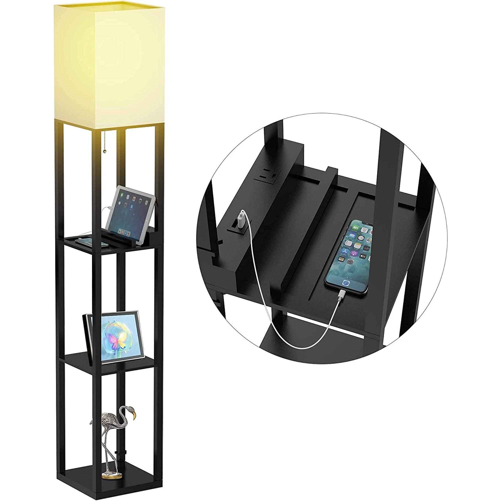 Black Solid Wood Floor Lamp with Shelves and Charging Ports