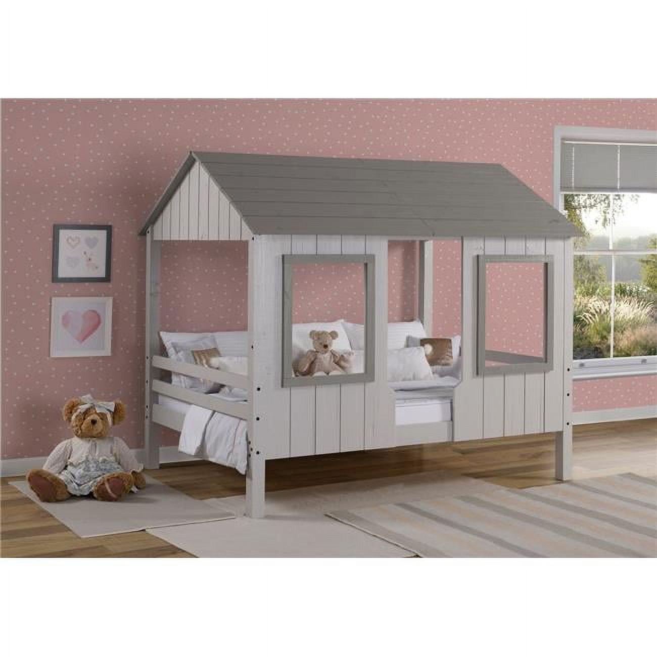 Rustic Pine Wood Full Loft Bed with Headboard and Slats, Two-Tone Grey