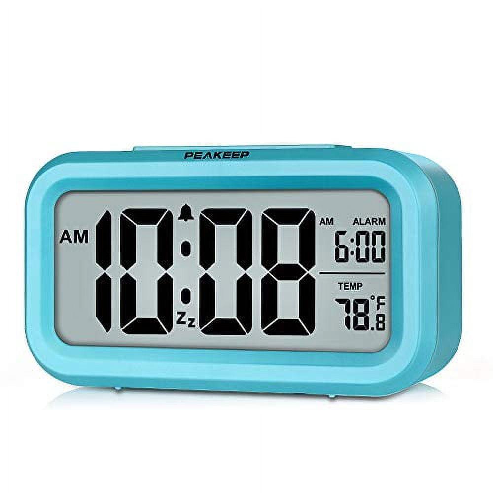 PEAKEEP Smart Night Light Digital Alarm Clock with Indoor Temperature, Battery Operated Desk Small Clock (Blue)