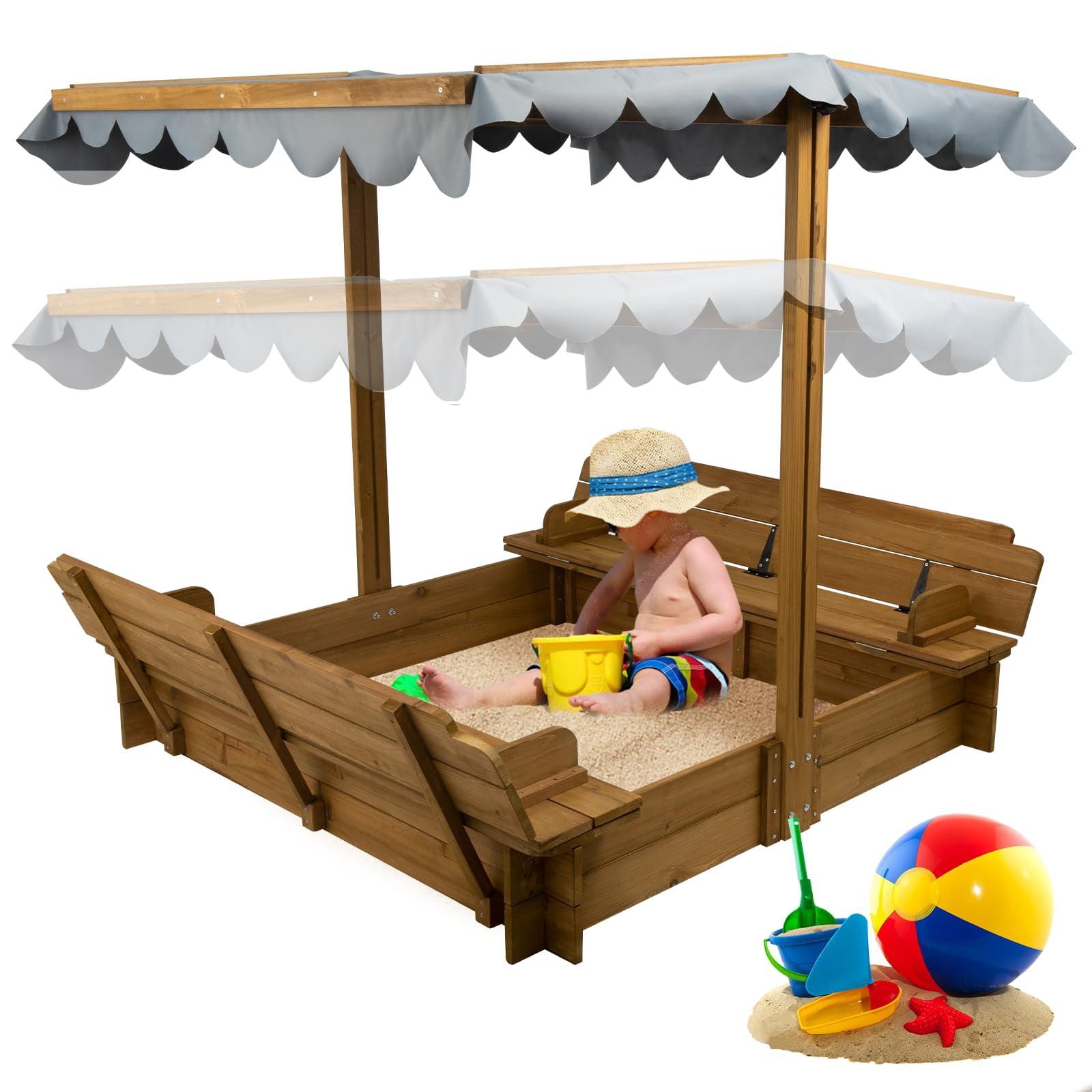 Wooden Sandbox with Adjustable Canopy and Bench Seats