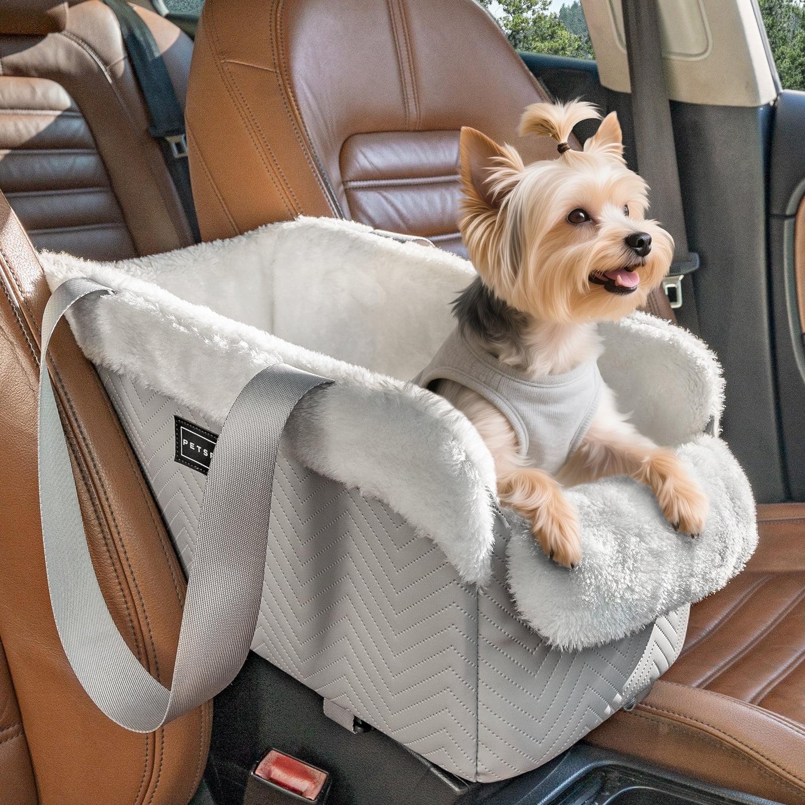PETSFIT Small Dog Car Seat, Portable Dog Seat for Car with Safe Protective Hooks, Luxury Dog Console Car Seat,Up to 12 lbs,Grey