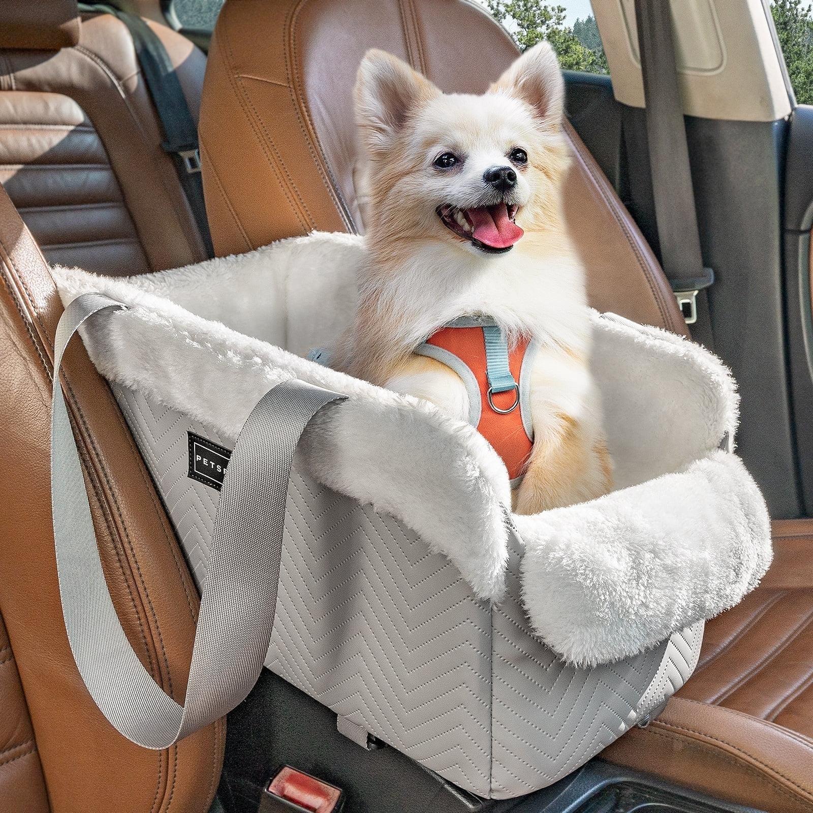 PETSFIT Small Dog Car Seat, Portable Dog Seat for Car with Safe Protective Hooks, Luxury Dog Console Car Seat,Up to 12 lbs,Grey