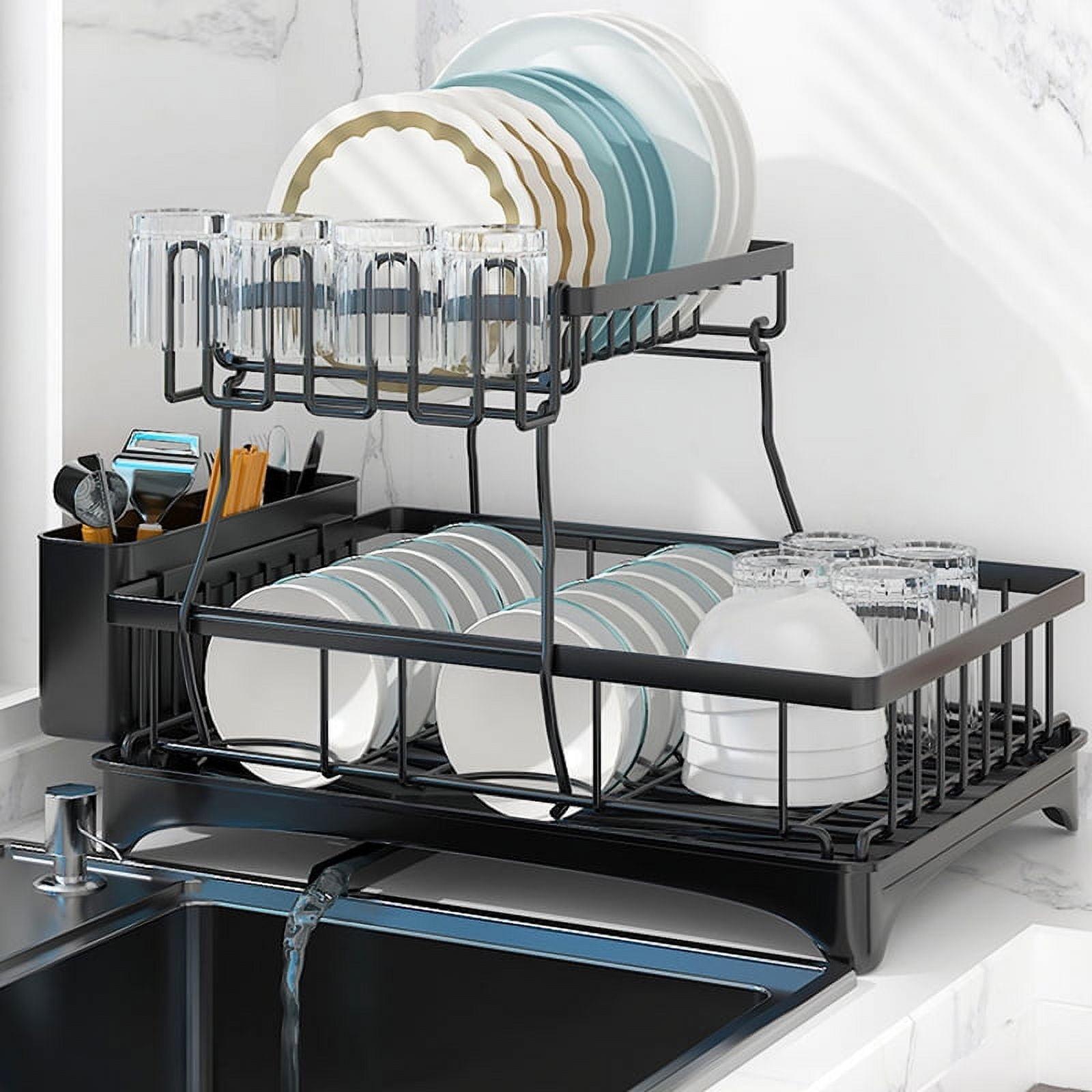 Black Stainless Steel 2-Tier Foldable Dish Rack with Utensil Cup