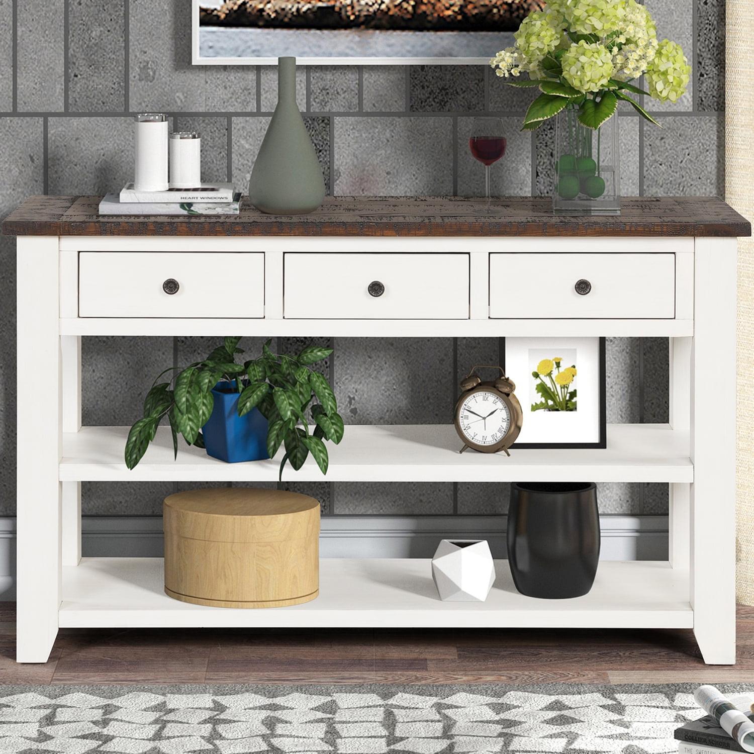 PINGCNG Modern Solid Pine Wood Entryway Console Table with 3 Storage Drawers and 2 Shelves  featuring a 48‘‘ Brown Top. Easy to Assemble  perfect for adding a touch of Antique White charm