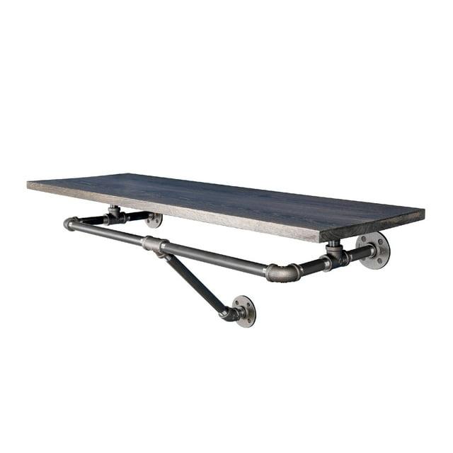 PIPE DECOR  24" Wall Mounted Clothing Rack with Wood Shelf and Industrial Steel Pipe Boulder Black