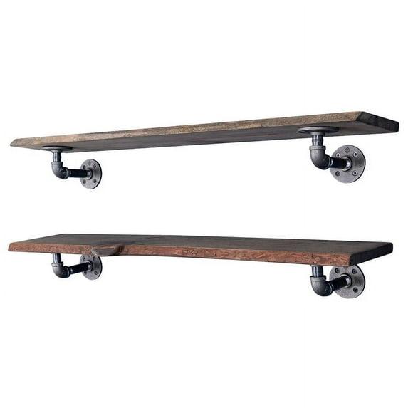 PIPE DECOR Live Edge Wood Shelves with L Shaped Pipe Brackets Boulder Black 36 in.