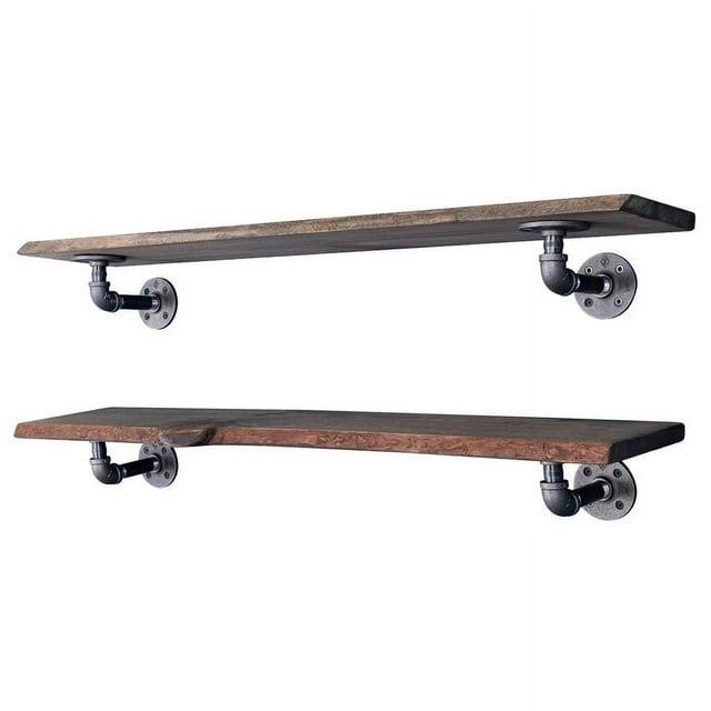 PIPE DECOR Live Edge Wood Shelves with L Shaped Pipe Brackets Boulder Black 36 in.