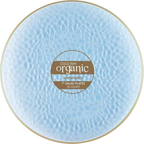 PLASTICPRO Pack of 30 Disposable Plastic Plates Fancy Dinner Plate Heavy Weight, Hammered Blue With Gold Rim 7”