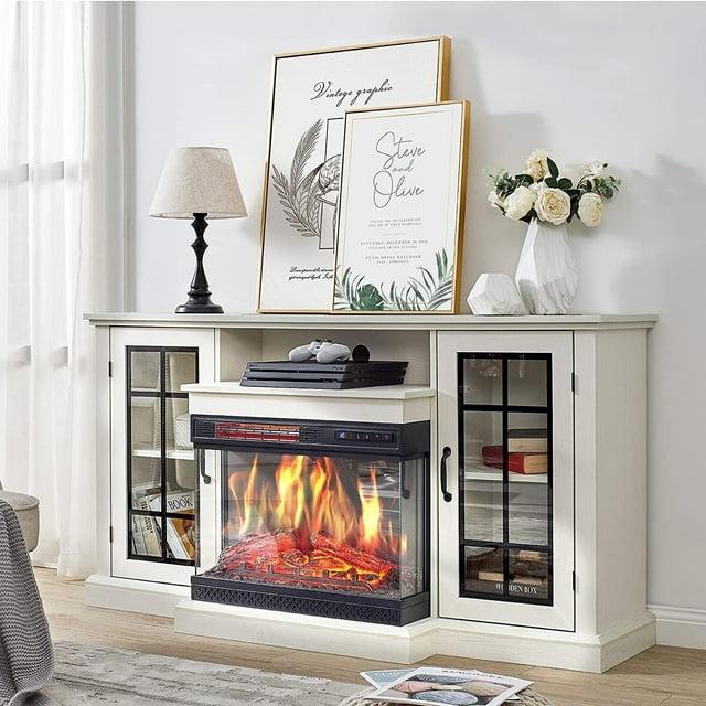 Fireplace TV Stand with 3-Sided Glass Electric Fireplace, 59" Entertainment Center, Distressed White
