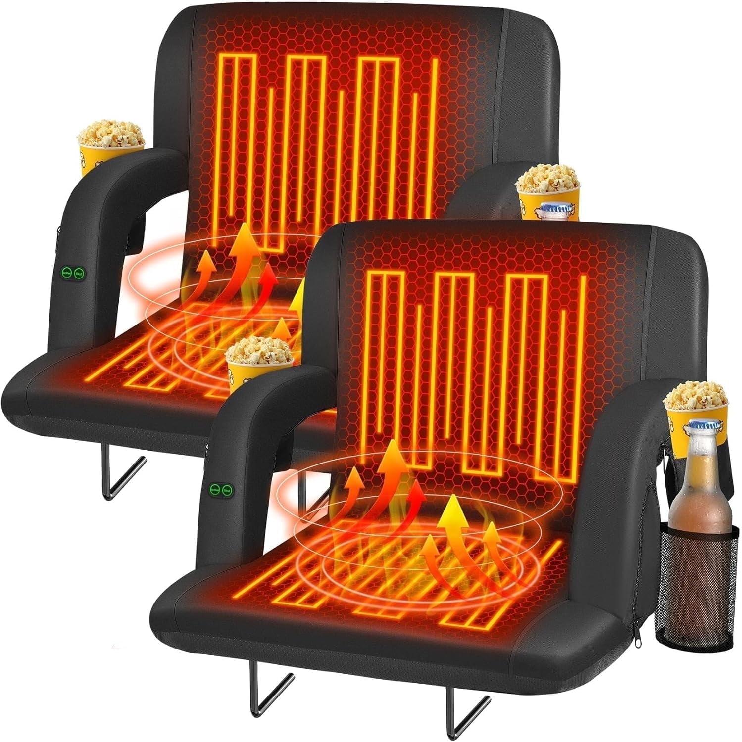 PNKKODW 21" 2PCS Foldable Heated Stadium Seats for Bleachers w/ Back Support, Extra Portable Bleacher Seat, USB 3 Levels of Heat, 5 Pockets for Outdoor Camping Games Sports(No Battery)