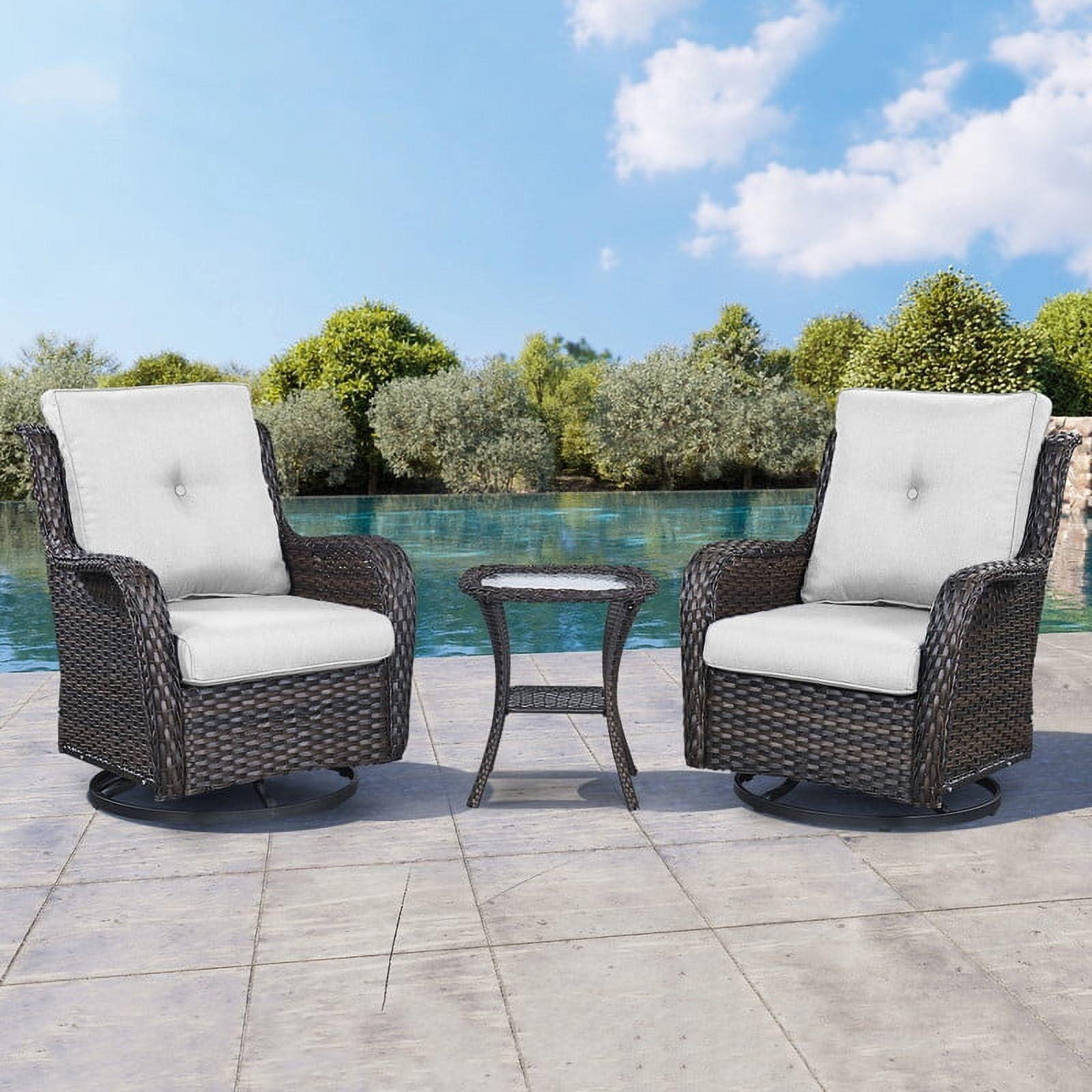 POCASSY 3 Piece Patio Set Outdoor Wicker Glider Rocking and Swivel Chairs with Side Table and Cushions - Patio Wicker Bistro Furniture Set, Brown Rattan & Beige Cushion