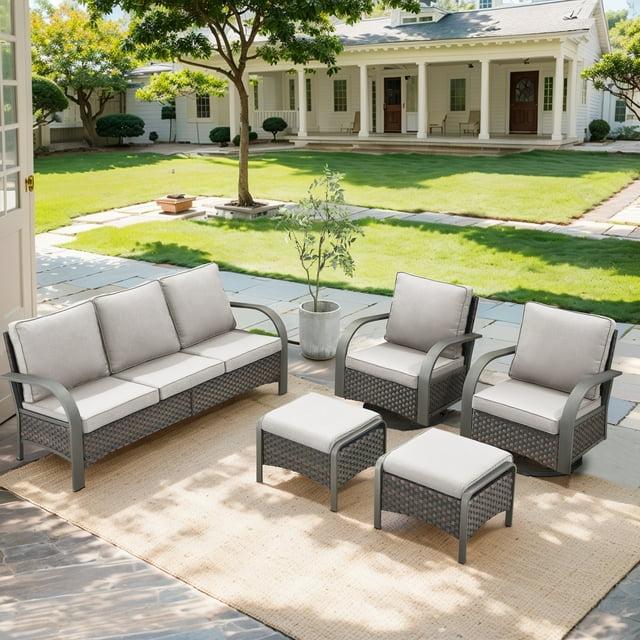 POCASSY 5PCS Outdoor Patio Furniture Set All-Weather Wicker Couch with Patio Swivel Rocking Outdoor Chairs and Multi-Functional Ottomans, Patio Conversation Set for Backyard Garden Balcony, Beige