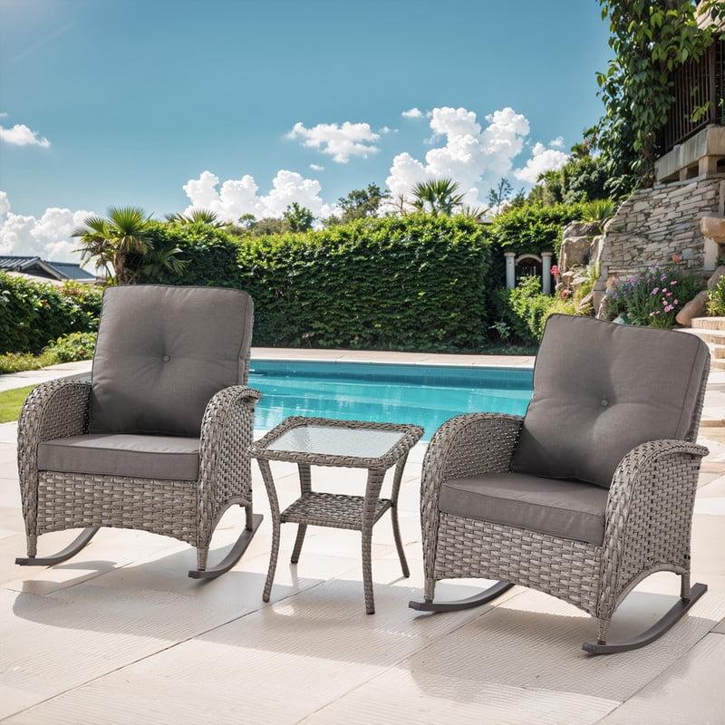 Gray Wicker 3-Piece Outdoor Rocking Chair Set with Cushions and Glass Table