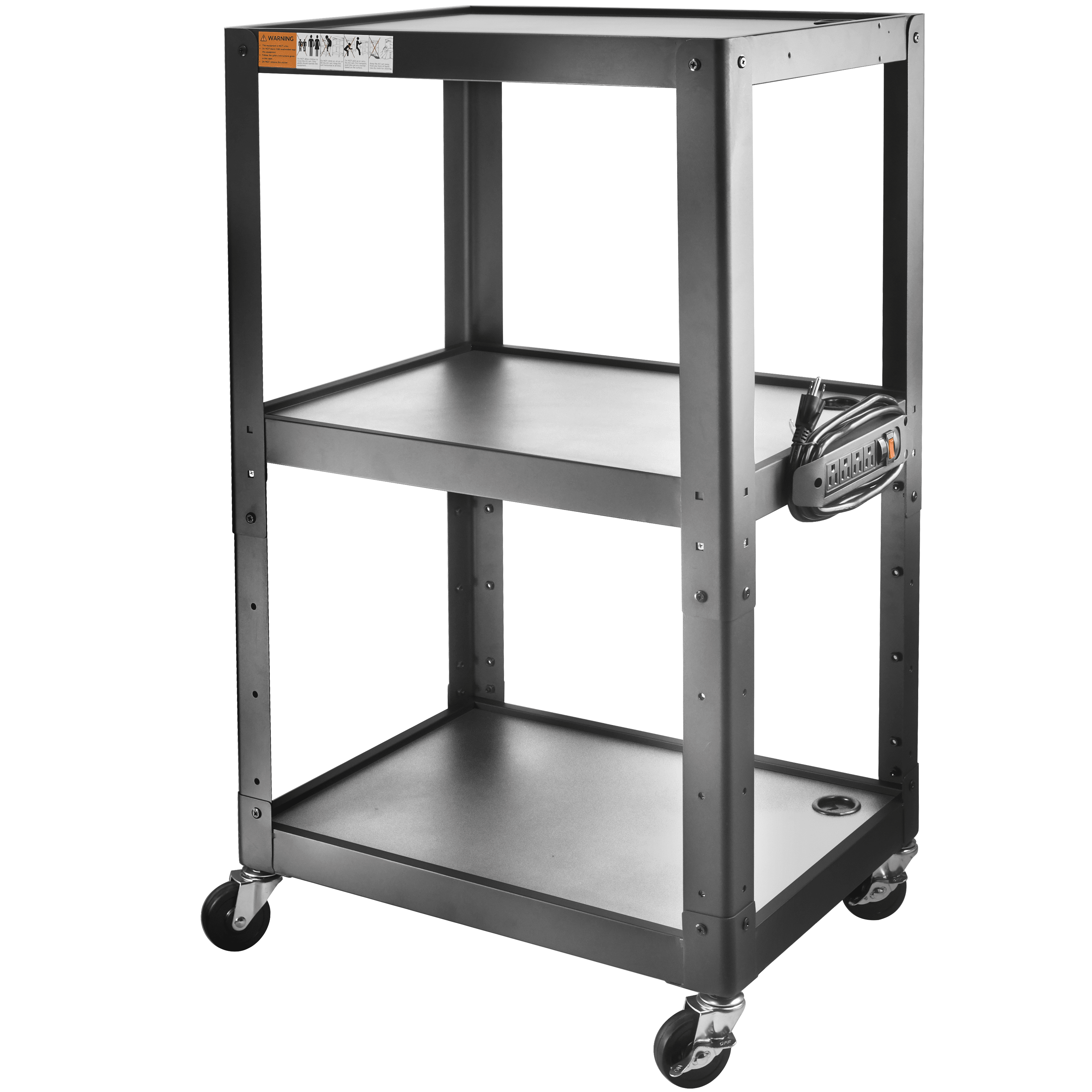 Adjustable Black Metal 3-Shelf AV Cart with Power Strip