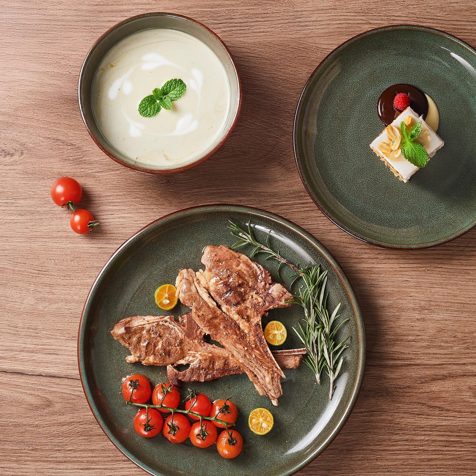 Orren Ellis Stoneware Dinnerware Sets Service For 4, 12 Pcs Reactive Glaze Plates And Bowls Sets, Handmade Ceramic Dish Set, Highly Chip And Crack Resistant Modern Plate Set, Sage Green