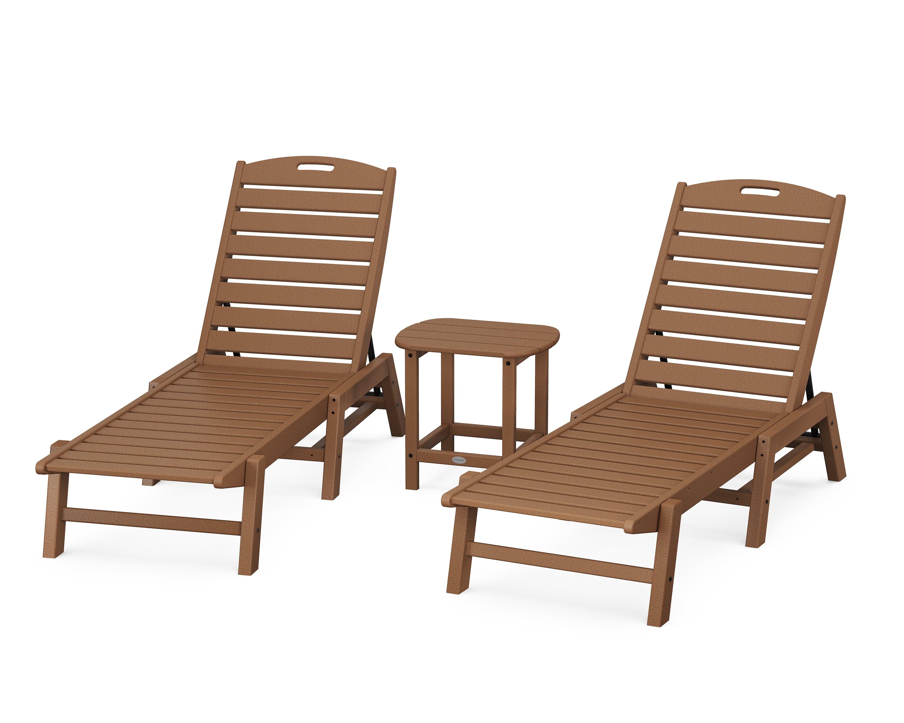 Teak 3-Piece Outdoor Chaise Lounge Set for 2 with Side Table