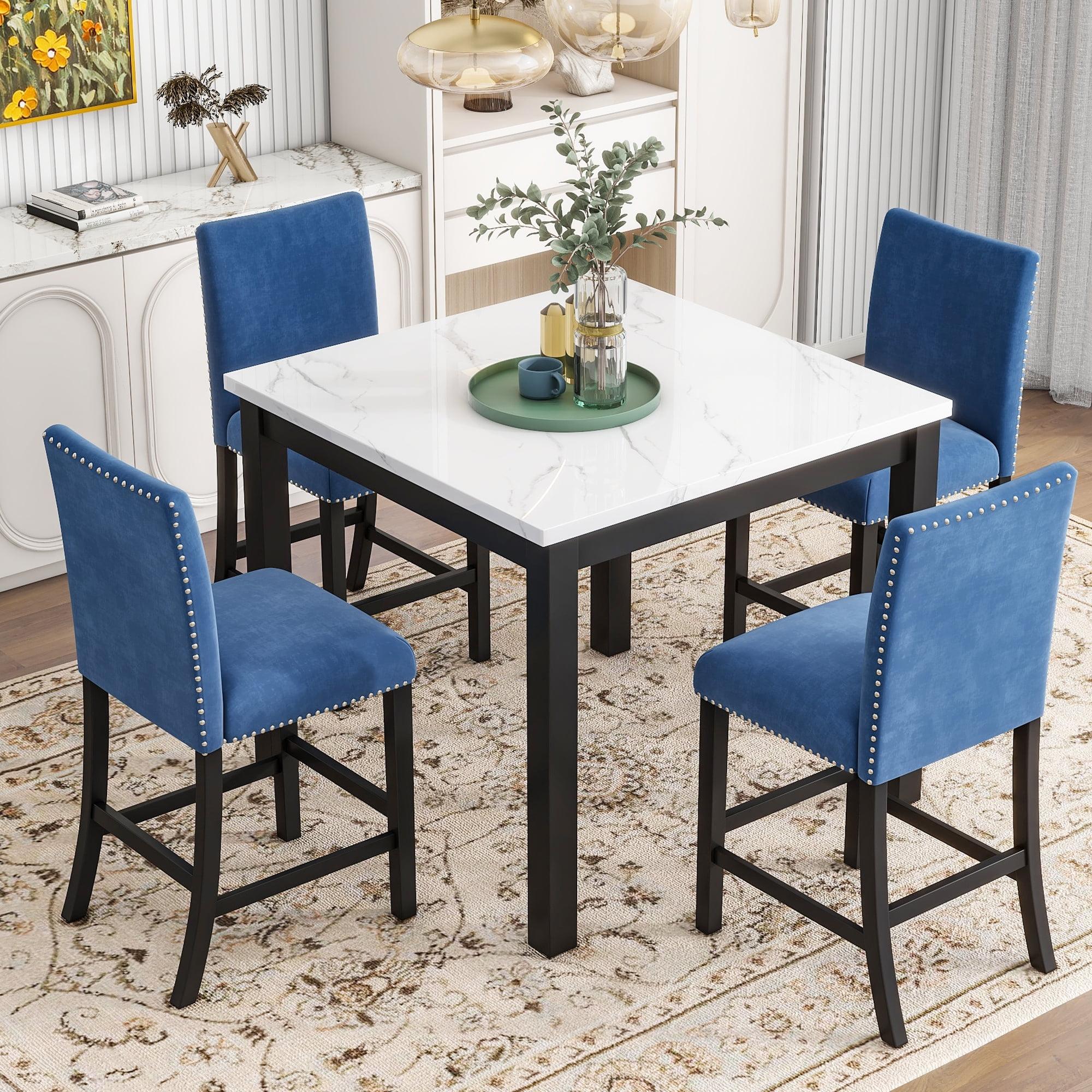 Lamerge Dining Table Set for 4, Kitchen Table and Chairs Set of 4, Faux Marble Dining Room Table Set with 4 Upholstered Velvet Chairs for Home Kitchen, White & Blue