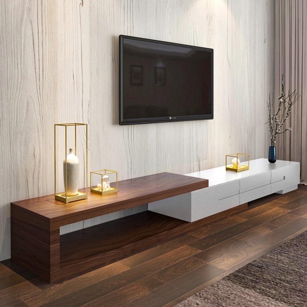 POVISON Modern Extendable White TV Stand, Wood Media Console for Up to 85 Inch TV with 3 Drawers, 78.7"