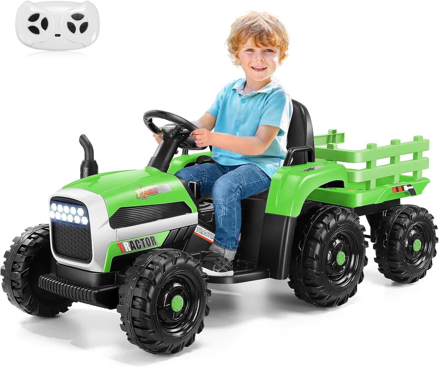 Green 12V Kids Ride-On Tractor with LED Lights